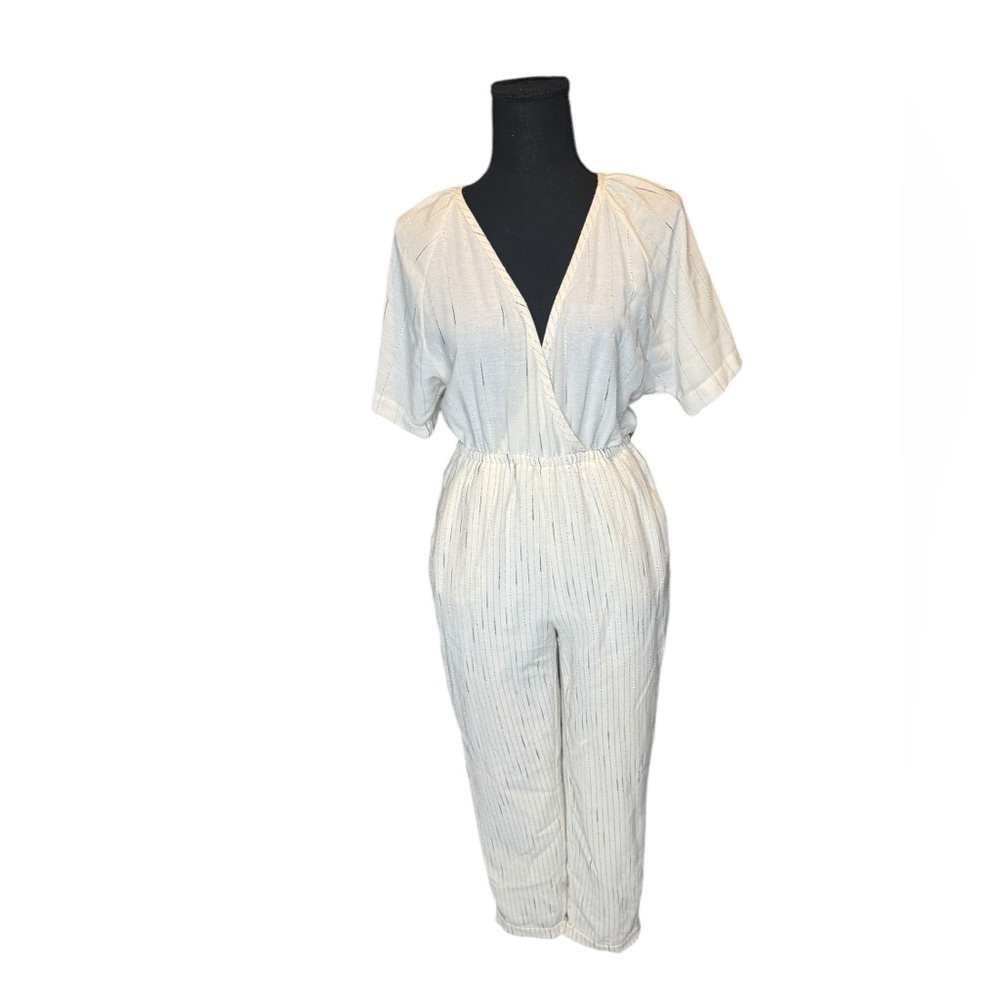 Feather & Bone Anthropologie Jumpsuit XXS White Striped Metallic One Piece C447